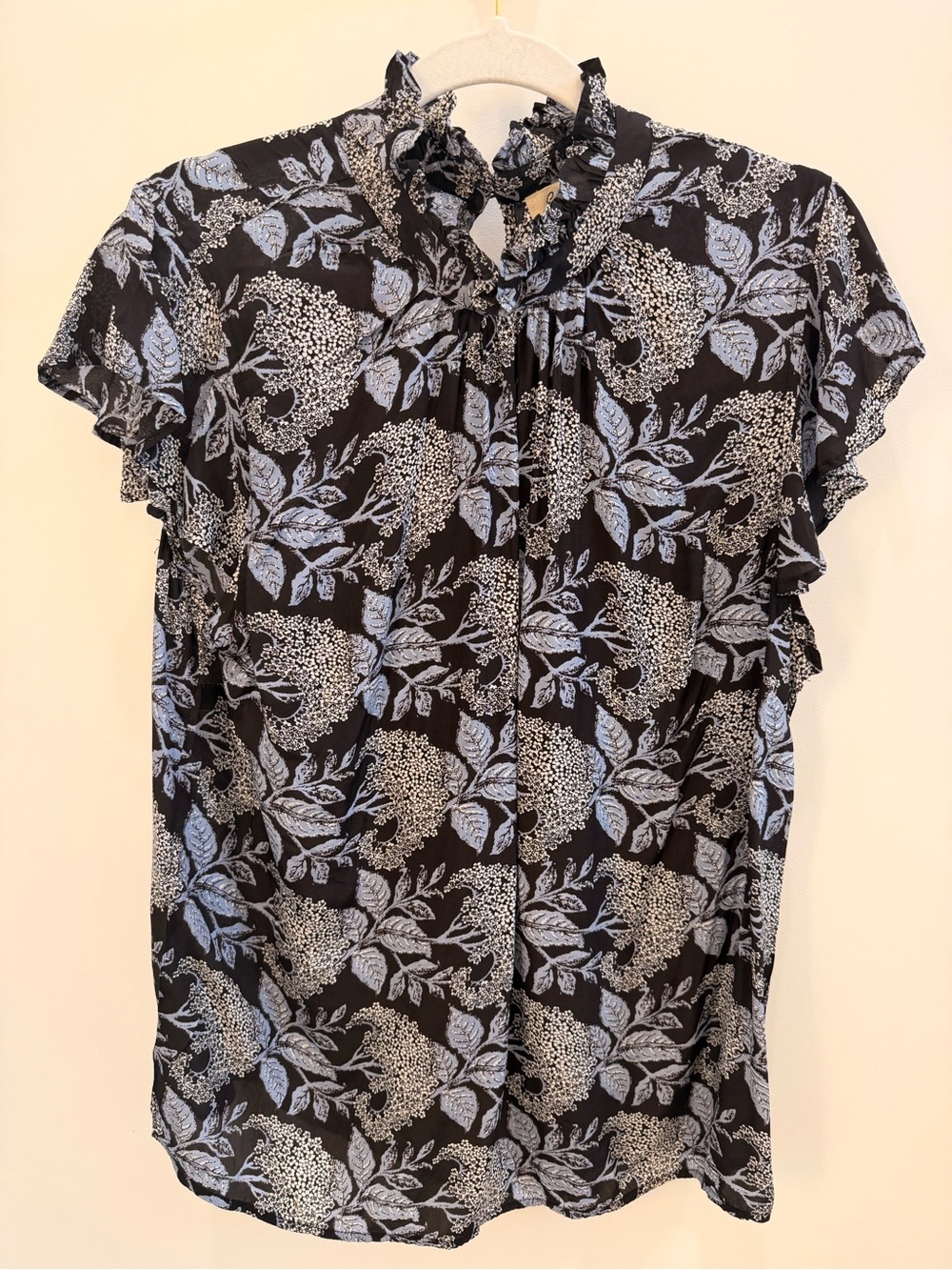 Elan Black Floral Ruffle-Neck Blouse with Blue Leaf Pattern